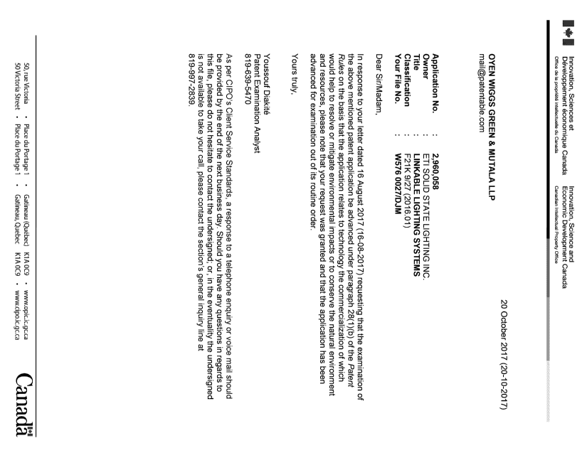 Document de brevet canadien 2960058. Ordonnance spéciale - Verte acceptée 20161220. Image 1 de 1