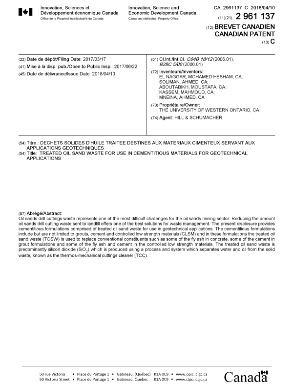 Document de brevet canadien 2961137. Page couverture 20180314. Image 1 de 1
