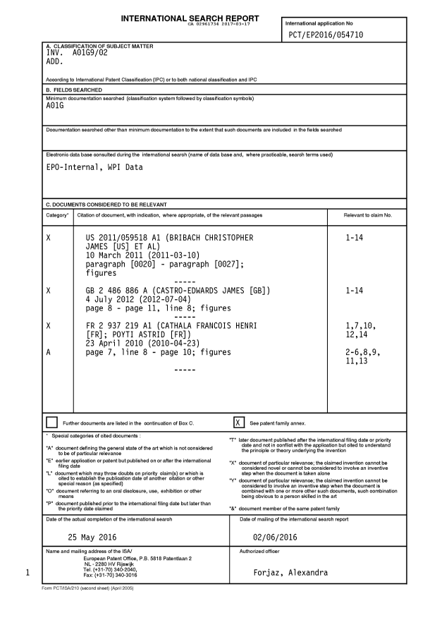 Document de brevet canadien 2961734. Rapport de recherche internationale 20161217. Image 1 de 2