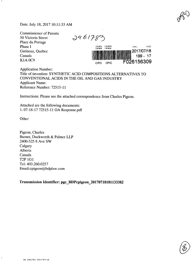 Document de brevet canadien 2961783. Modification 20161218. Image 1 de 18