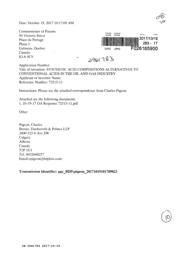 Document de brevet canadien 2961783. Modification 20161219. Image 1 de 10