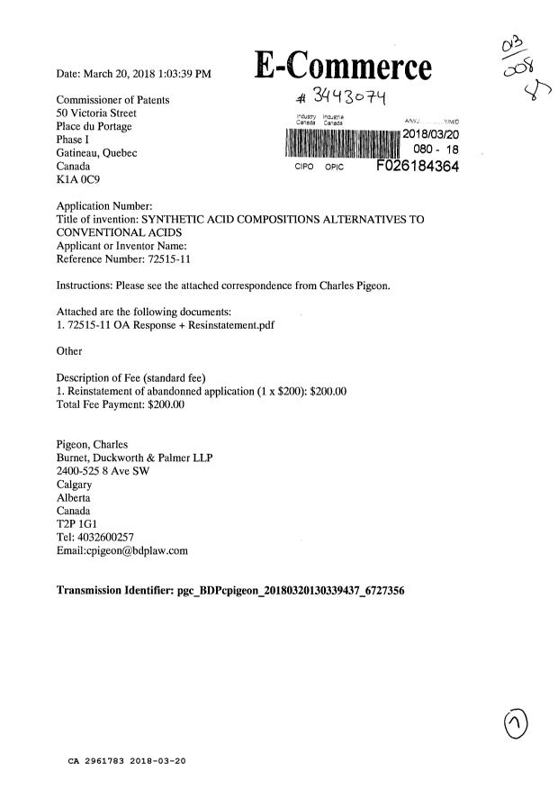 Document de brevet canadien 2961783. Rétablissement d'examen 20171220. Image 1 de 7