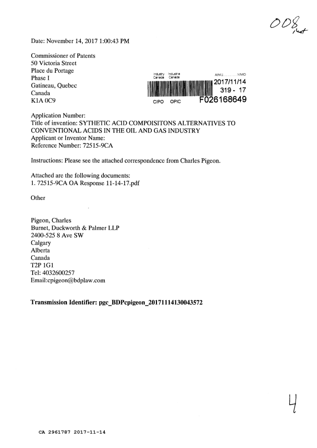 Document de brevet canadien 2961787. Modification 20161214. Image 1 de 4