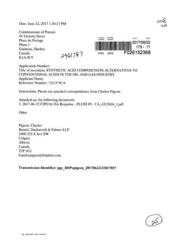 Document de brevet canadien 2961787. Modification 20161222. Image 1 de 25