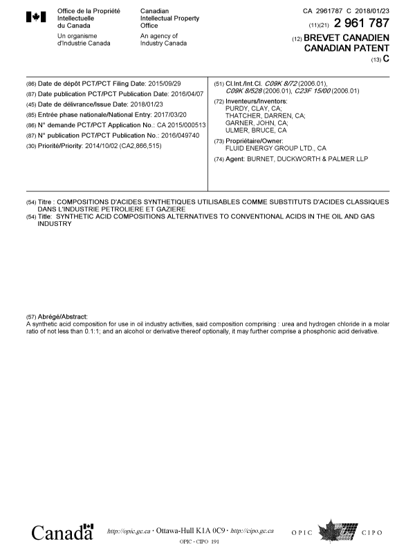 Document de brevet canadien 2961787. Page couverture 20171212. Image 1 de 1