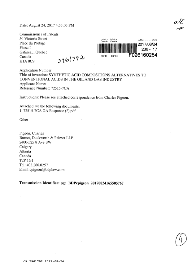 Document de brevet canadien 2961792. Modification 20161224. Image 1 de 4