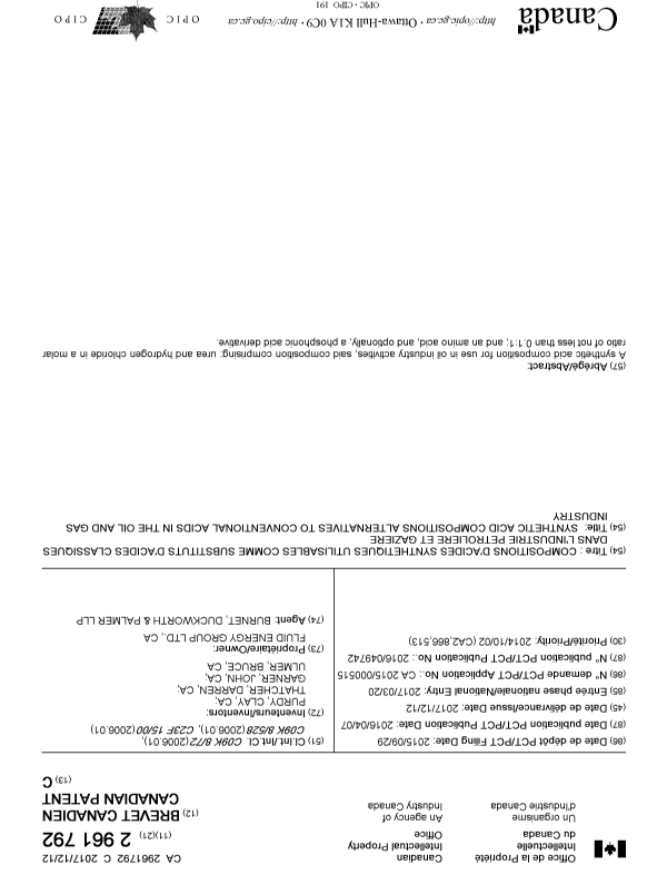 Document de brevet canadien 2961792. Page couverture 20171116. Image 1 de 1