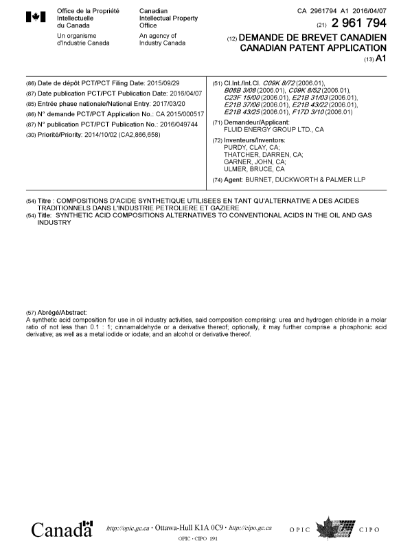 Document de brevet canadien 2961794. Page couverture 20161202. Image 1 de 1