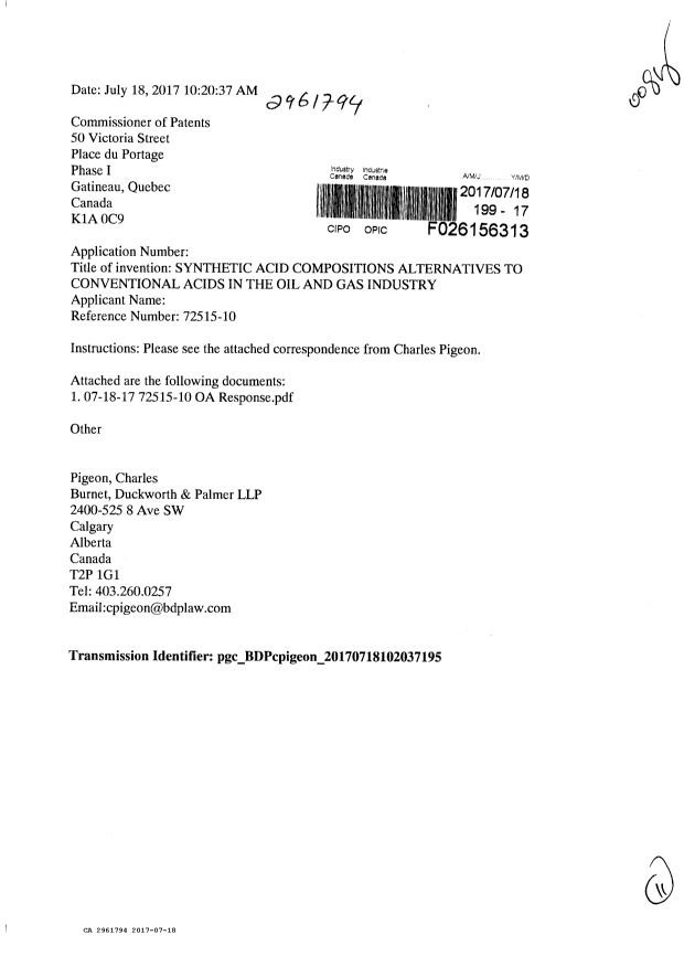 Document de brevet canadien 2961794. Modification 20161218. Image 1 de 11