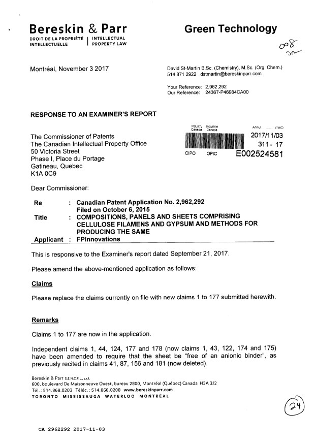 Canadian Patent Document 2962292. Amendment 20171103. Image 1 of 24