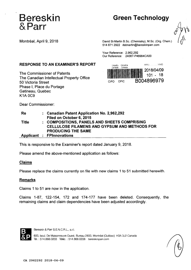 Document de brevet canadien 2962292. Modification 20171209. Image 1 de 8