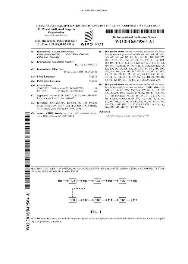 Document de brevet canadien 2962604. Traité de coopération en matière de brevets (PCT) 20161224. Image 1 de 3