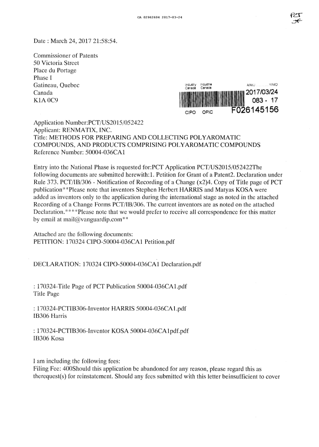 Document de brevet canadien 2962604. Demande d'entrée en phase nationale 20170324. Image 1 de 4