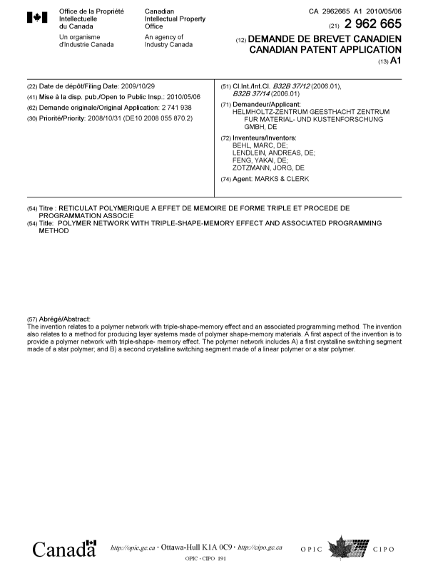 Document de brevet canadien 2962665. Page couverture 20170511. Image 1 de 1