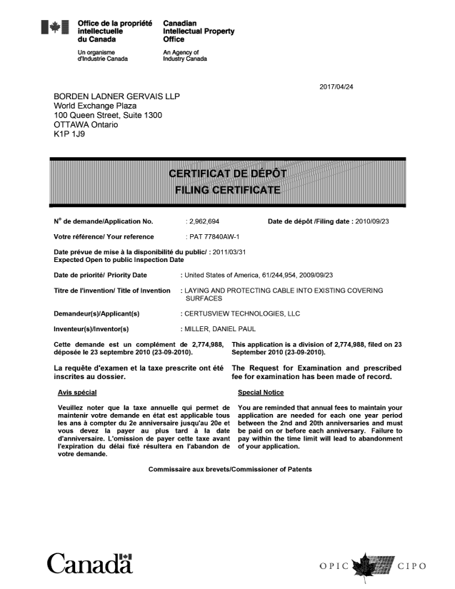 Document de brevet canadien 2962694. Complémentaire - Certificat de dépôt 20170424. Image 1 de 1