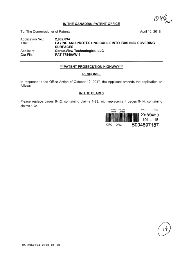 Canadian Patent Document 2962694. Amendment 20180410. Image 1 of 14