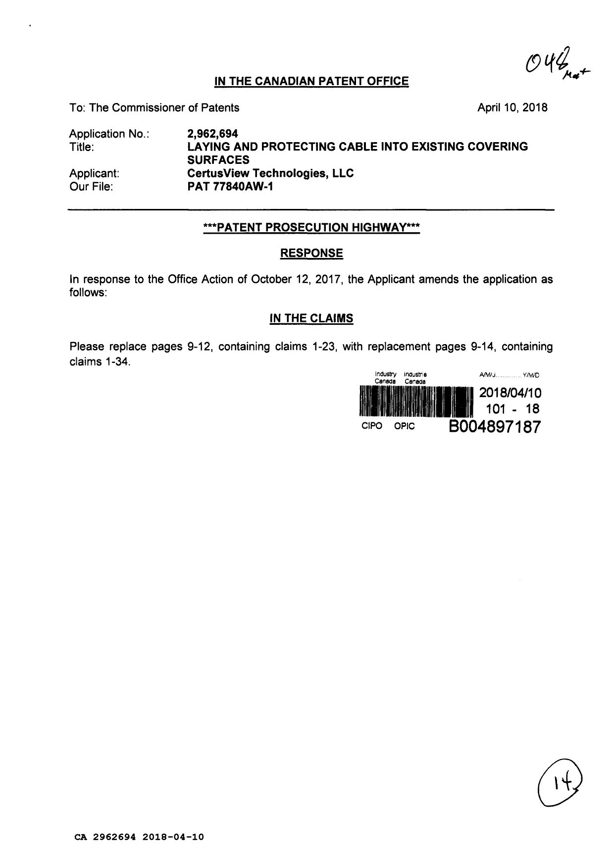 Canadian Patent Document 2962694. Amendment 20180410. Image 1 of 14