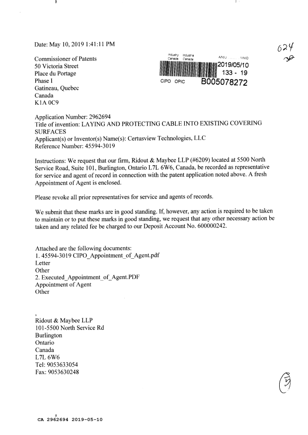 Document de brevet canadien 2962694. Changement de nomination d'agent 20190510. Image 1 de 5