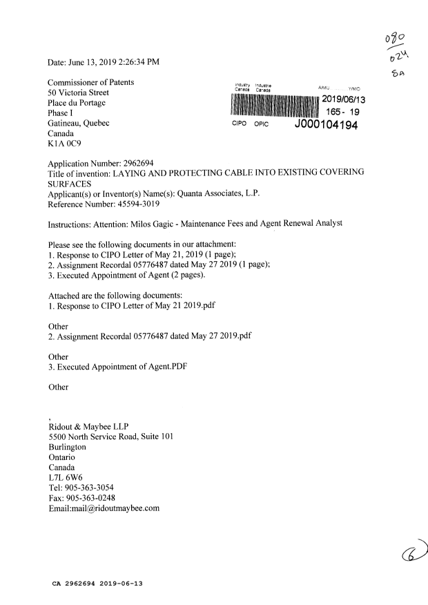 Document de brevet canadien 2962694. Changement de nomination d'agent 20190613. Image 1 de 5