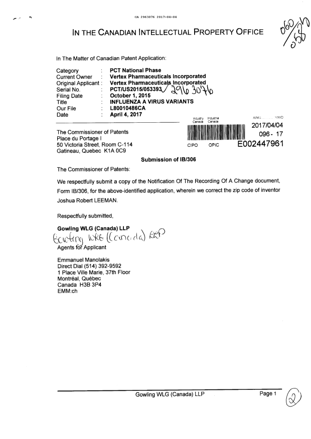 Document de brevet canadien 2963076. Correspondance reliée au PCT 20170404. Image 1 de 2