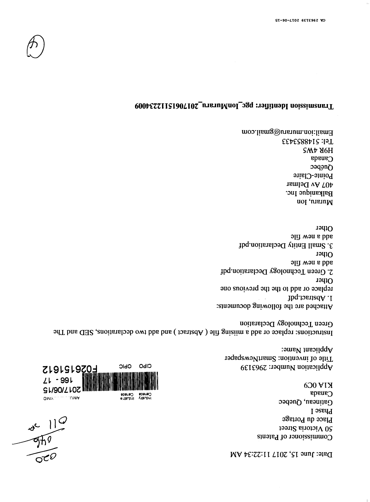 Document de brevet canadien 2963139. Correspondance reliée aux formalités 20161215. Image 1 de 3