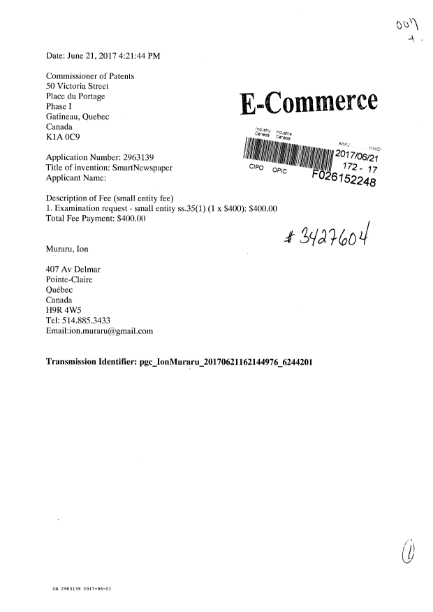 Document de brevet canadien 2963139. Requête d'examen 20161221. Image 1 de 1