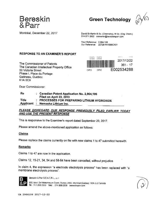 Document de brevet canadien 2964106. Modification 20161222. Image 1 de 12