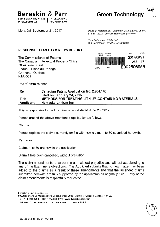 Document de brevet canadien 2964148. Modification 20161221. Image 1 de 13