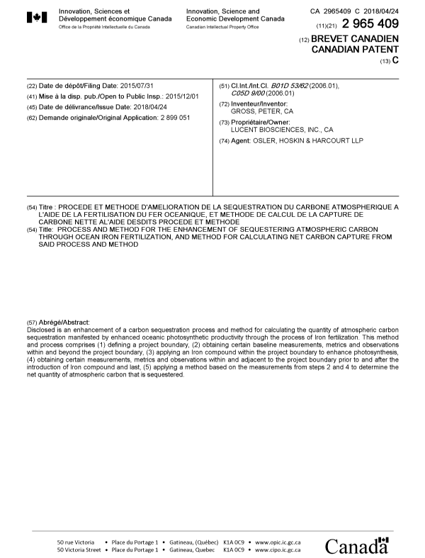Document de brevet canadien 2965409. Page couverture 20171228. Image 1 de 1