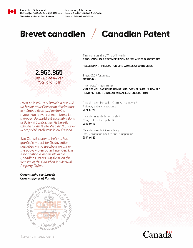 Canadian Patent Document 2965865. Electronic Grant Certificate 20211019. Image 1 of 1