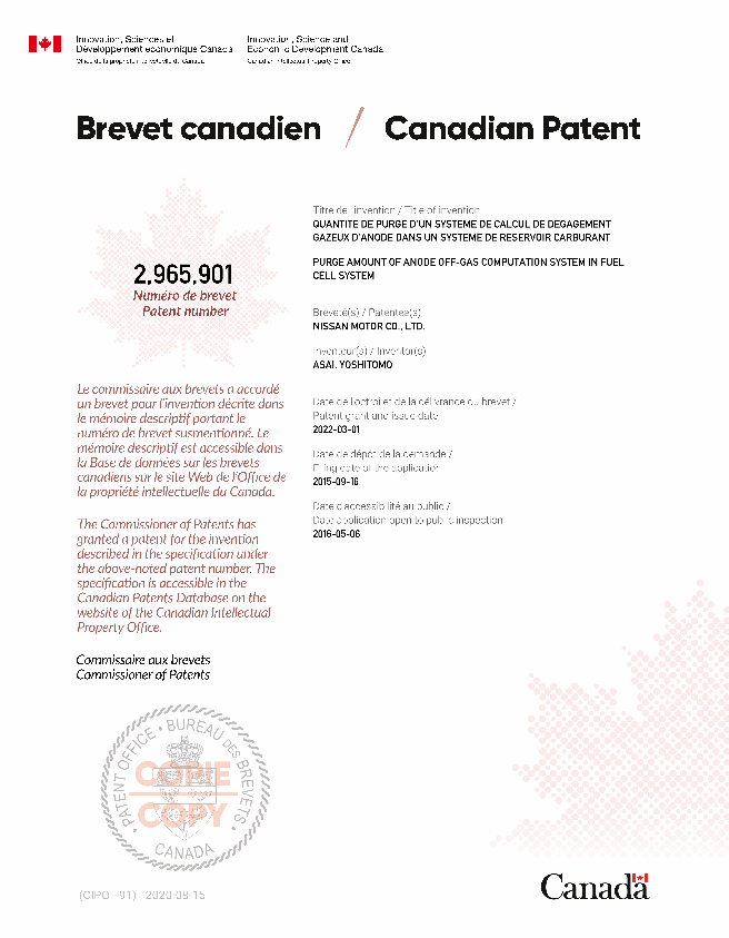 Canadian Patent Document 2965901. Electronic Grant Certificate 20220301. Image 1 of 1