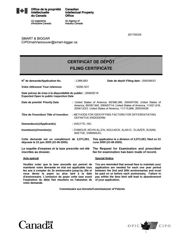 Canadian Patent Document 2966883. Divisional - Filing Certificate 20170524. Image 1 of 1