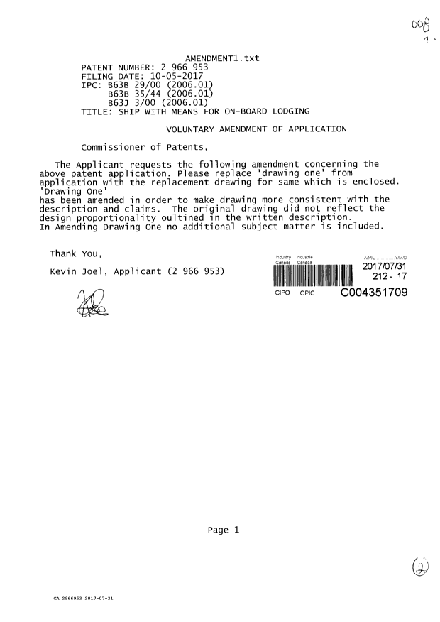 Document de brevet canadien 2966953. Modification 20170731. Image 1 de 2