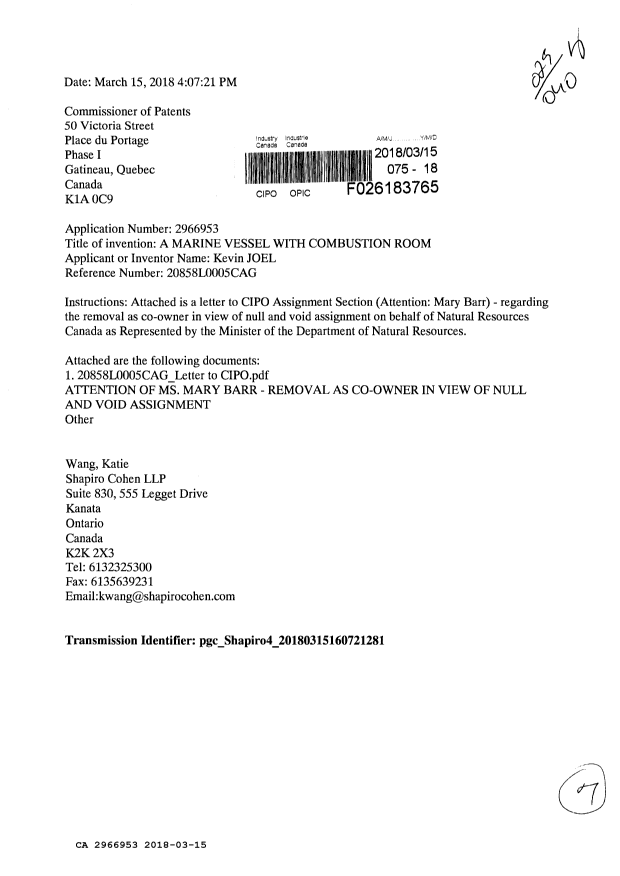 Document de brevet canadien 2966953. Modification au demandeur-inventeur 20171215. Image 1 de 7