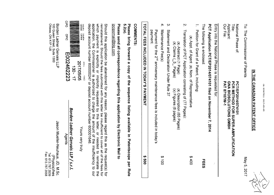 Document de brevet canadien 2967011. Demande d'entrée en phase nationale 20170505. Image 1 de 3