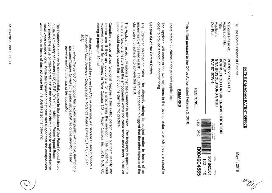 Document de brevet canadien 2967011. Modification 20180501. Image 1 de 4