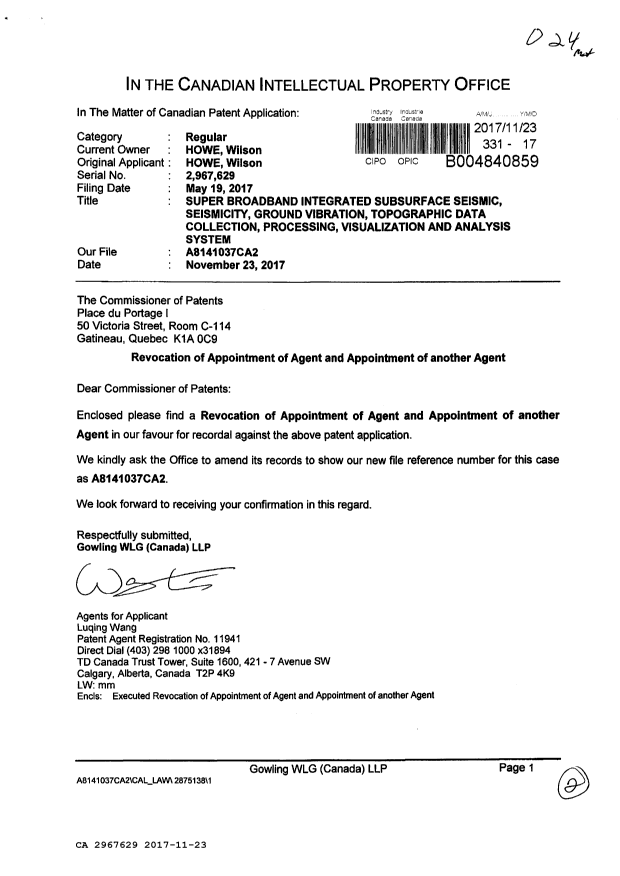 Canadian Patent Document 2967629. Change of Agent 20161223. Image 1 of 2