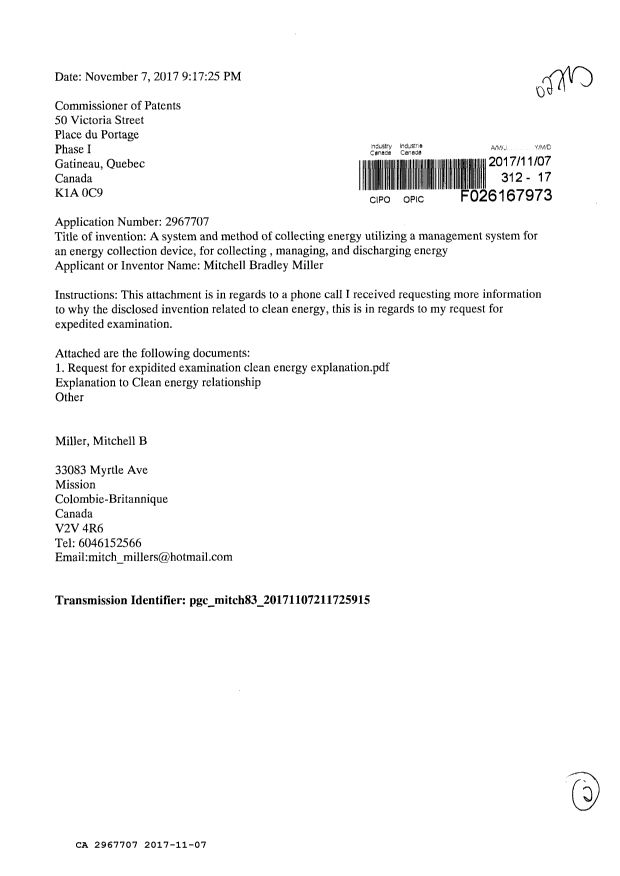 Document de brevet canadien 2967707. Correspondance de la poursuite 20161207. Image 1 de 2