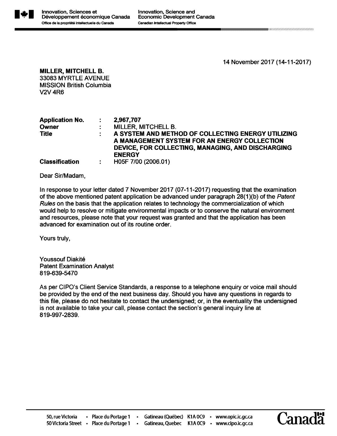 Document de brevet canadien 2967707. Ordonnance spéciale - Verte acceptée 20161214. Image 1 de 1