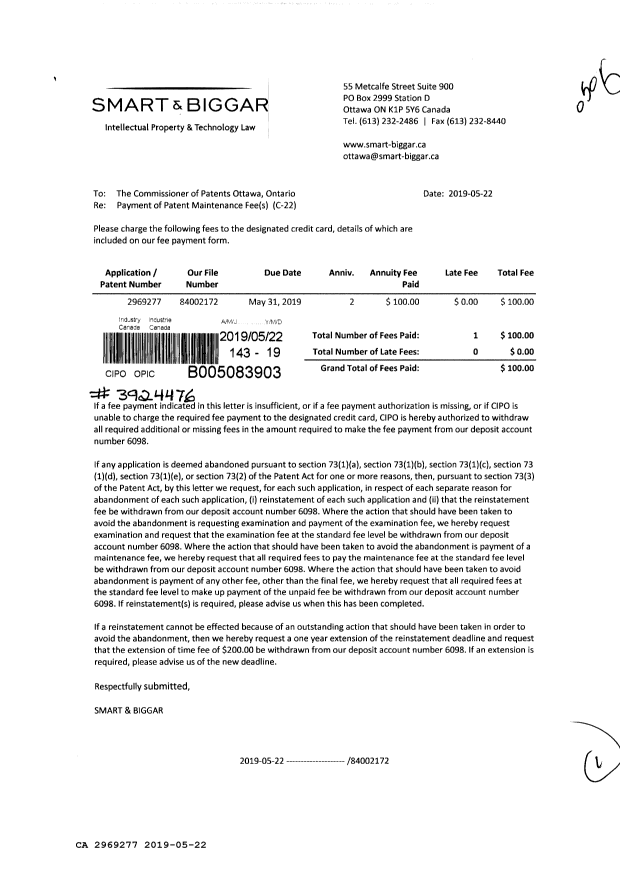 Canadian Patent Document 2969277. Maintenance Fee Payment 20190522. Image 1 of 1