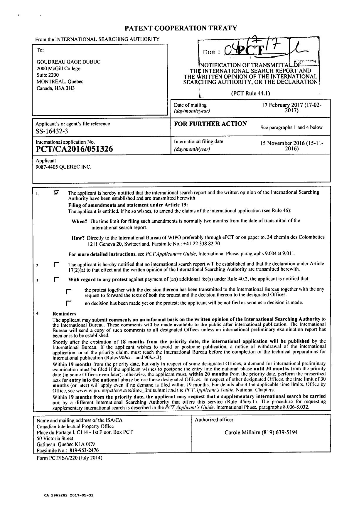 Document de brevet canadien 2969282. Modification 20161231. Image 1 de 7