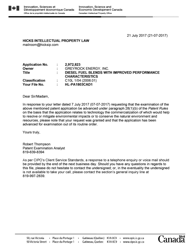 Document de brevet canadien 2972823. Ordonnance spéciale - Verte acceptée 20161221. Image 1 de 1