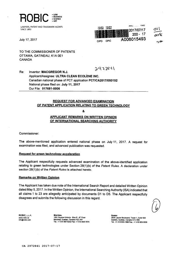 Document de brevet canadien 2972841. Modification 20170717. Image 1 de 6