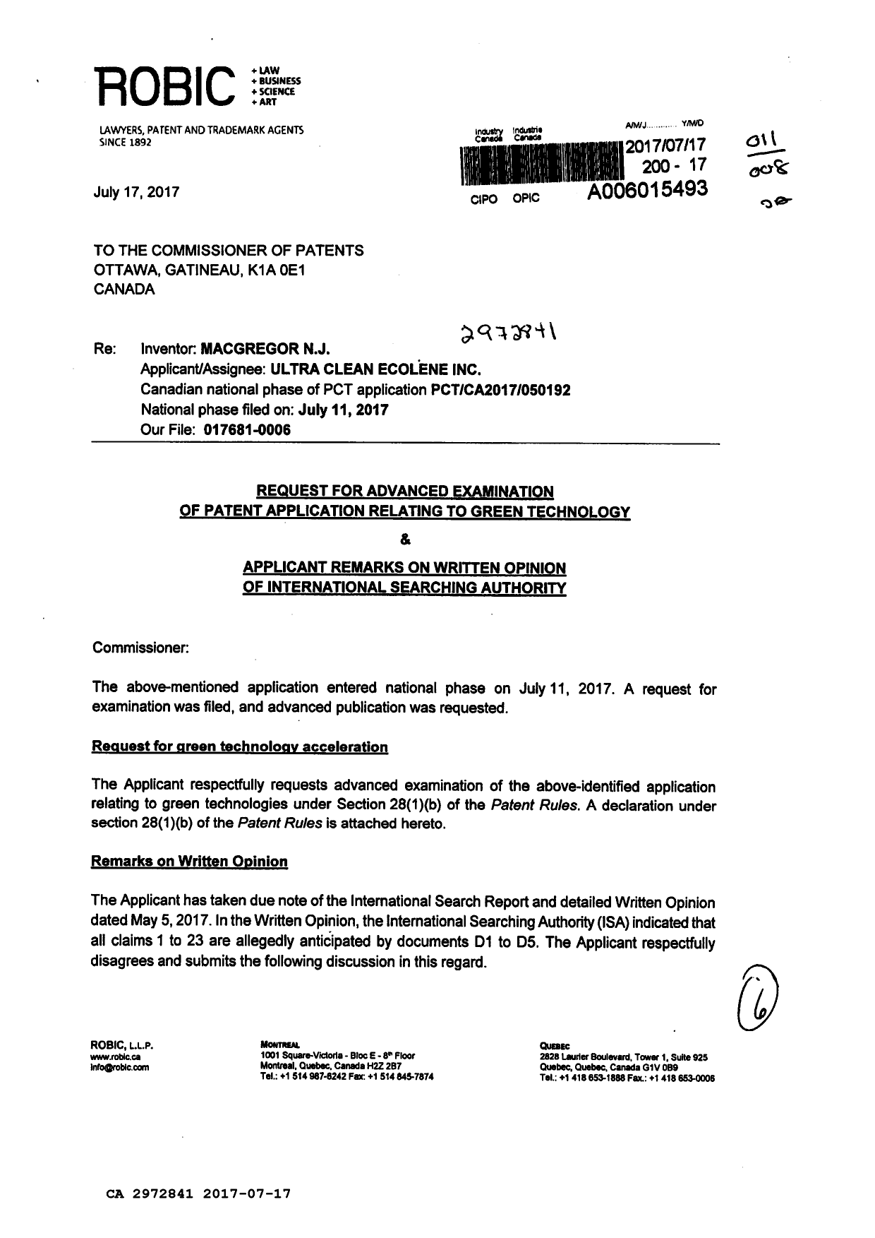 Document de brevet canadien 2972841. Modification 20170717. Image 1 de 6
