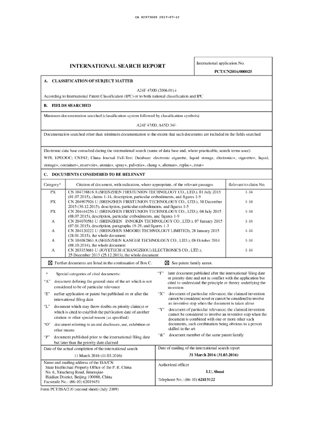 Document de brevet canadien 2973609. Rapport de recherche internationale 20170712. Image 1 de 3