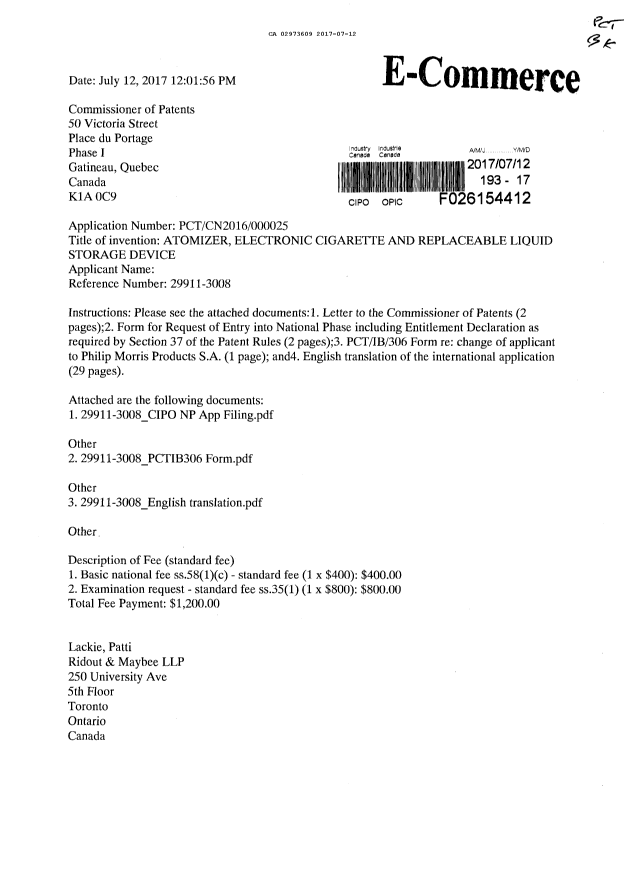 Document de brevet canadien 2973609. Demande d'entrée en phase nationale 20170712. Image 1 de 6