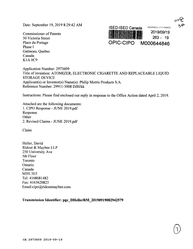 Document de brevet canadien 2973609. Modification 20190919. Image 1 de 7