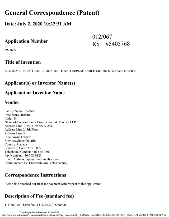 Document de brevet canadien 2973609. Changement à la méthode de correspondance 20200702. Image 1 de 4