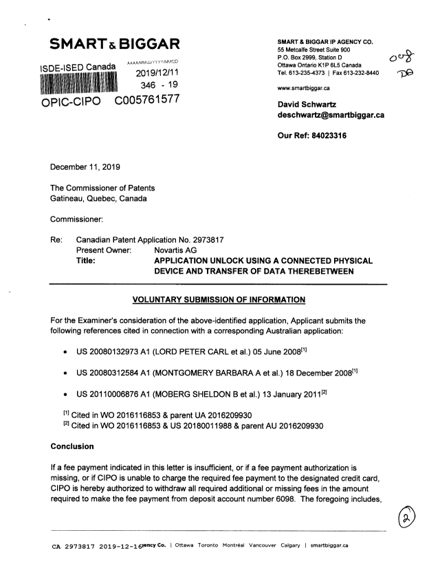 Document de brevet canadien 2973817. Modification 20191211. Image 1 de 2