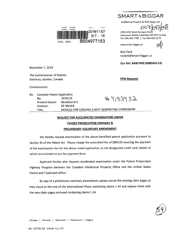 Document de brevet canadien 2978139. Requête ATDB (PPH) 20181107. Image 1 de 27